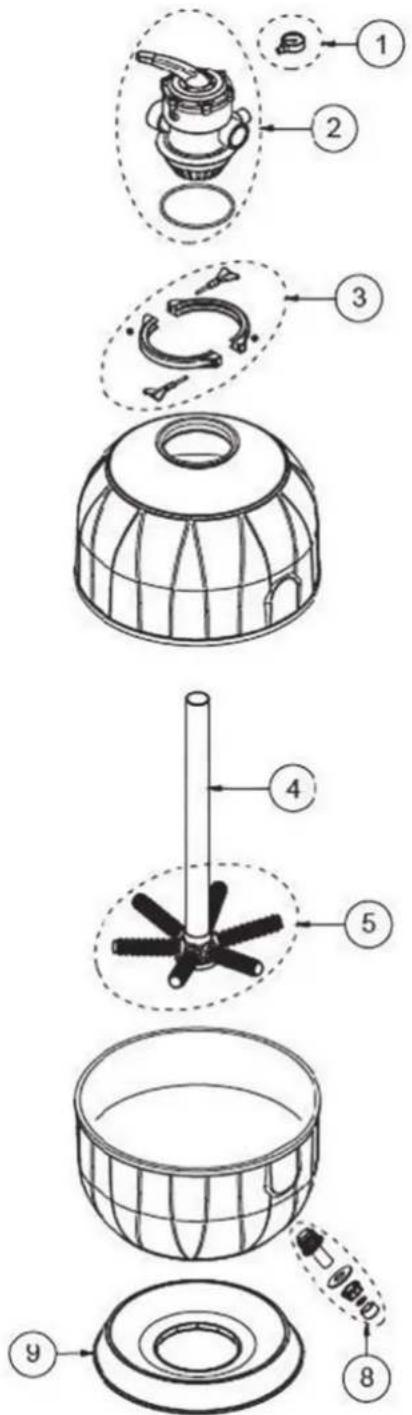 Exploded view diagram of a mechanical device with numbered parts and exploded views