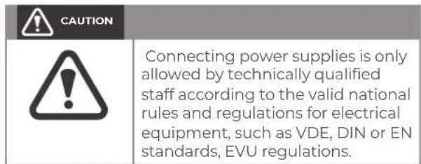 CAUTION Connecting power supplies is only allowed by technically qualified staff according to the valid national rules and regulations for electrical equipment, such as VDE, DIN or EN standards, EVU regulations.