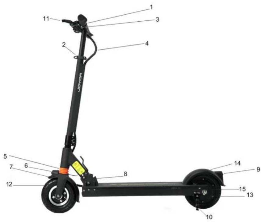 Labeled diagram of an electric scooter with numbered parts for identification