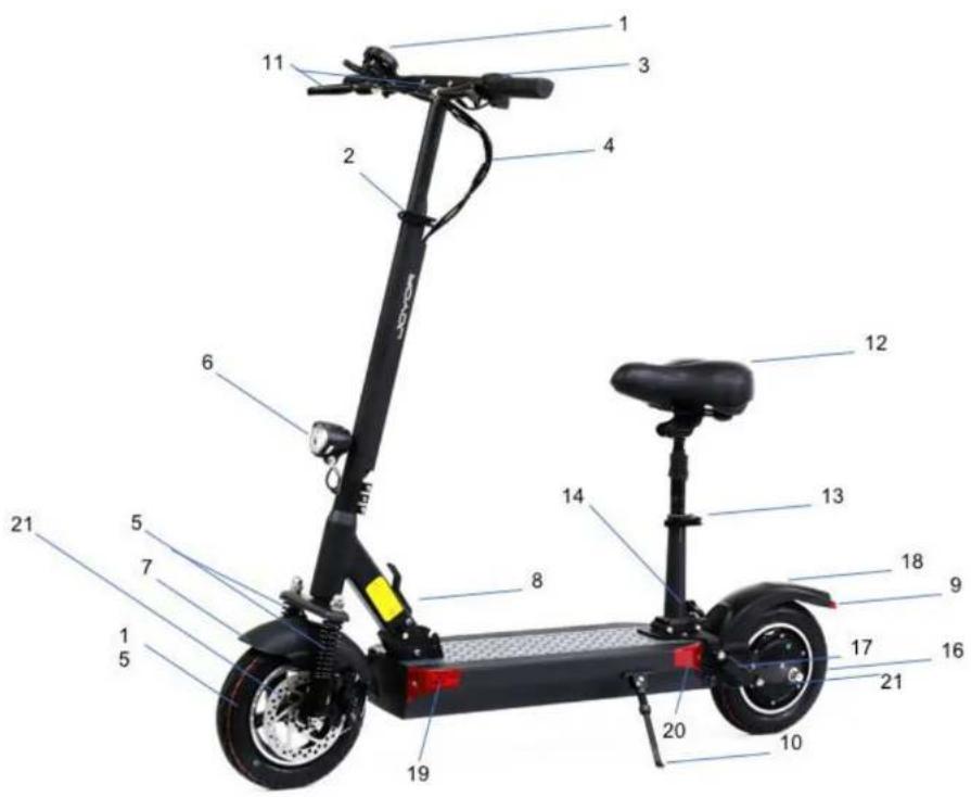 Labeled diagram of a Tesla electric scooter with numbered components for identification