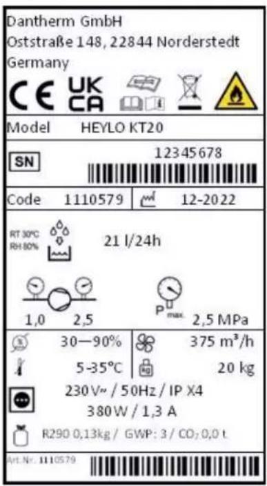 Dantherm GmbH Oststraße 148, 22844 Norderstedt Germany CE UK CA Model HEYLO KT20 SN 12345678 Code 1110579 12-2022 RT 30°C 21 l/24h RH 80% 1,0 2,5 2,5 MPa 30—90% 375 m³/h 5-35°C 20 kg 230V~/50Hz/IP X4 380W/1,3 A R290 0,13kg / GWP: 3 / CO₂ 0,0 t Art. Nr. 1110579