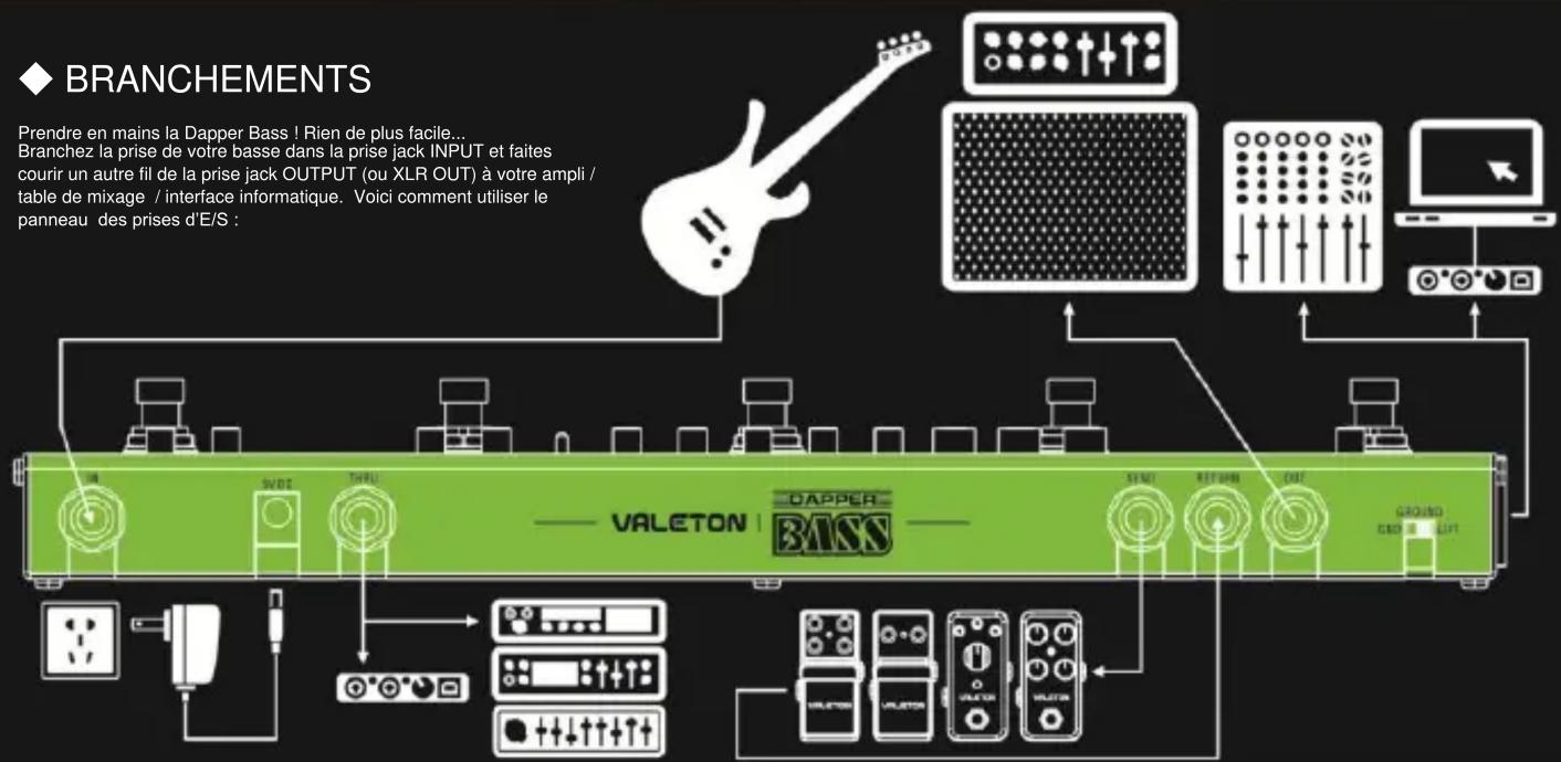 BRANCÉMENTS Prendre en mains la Dapper Bass ! Rien de plus facile... Branchez la prise de votre basse dans la prise jack INPUT et faites courir un autre fil de la prise jack OUTPUT (ou XLR OUT) à votre ampli / table de mixage / interface informatique. Voici comment utiliser le panneau des prises d'E…