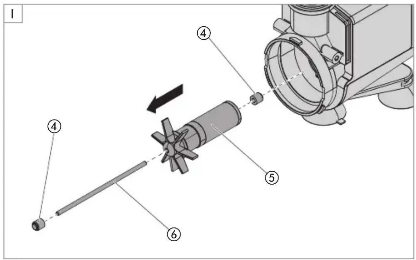 Technical diagram of a mechanical assembly with numbered components and directional arrows indicating motion or movement.