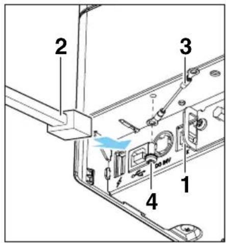 Technical diagram of a device's internal components with numbered parts and a blue arrow indicating a specific location.