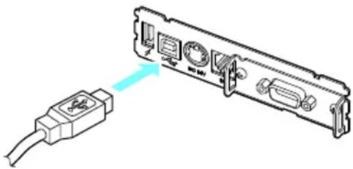 Diagram showing a device with labeled ports and an external cable, highlighting one port's internal structure.