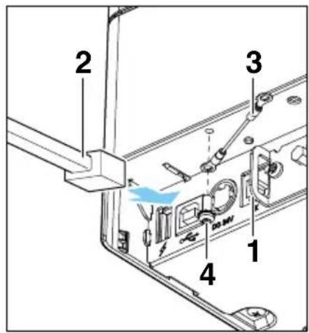 Technical diagram of a device's internal components with numbered parts and a blue arrow indicating a specific location.