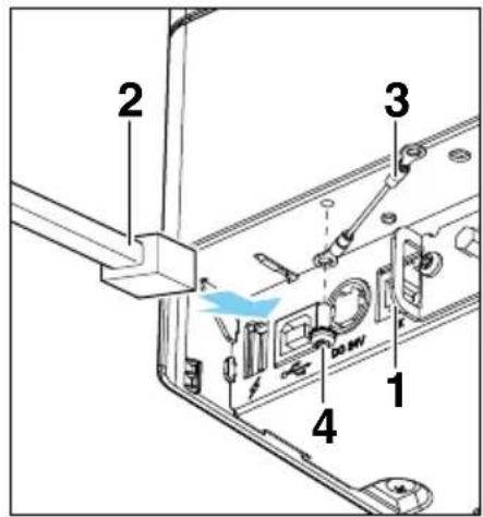 Technical diagram of a device's internal components with numbered parts and a blue arrow indicating a specific location.