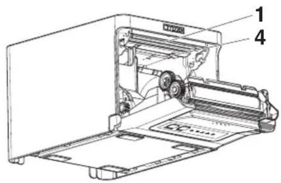 Technical diagram of a printer internal structure with labeled parts 1 and 4