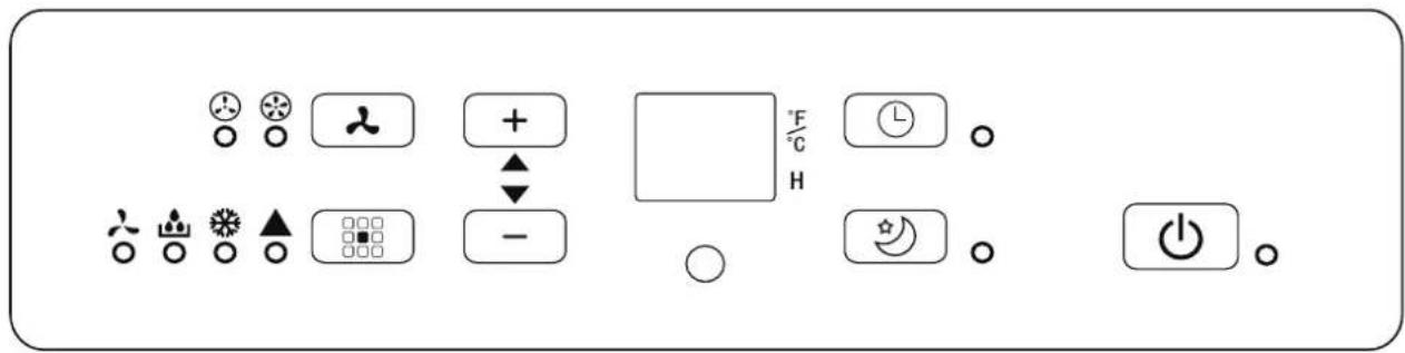 Control panel interface with icons for various functions including lights, arrows, plus/minus, and power button