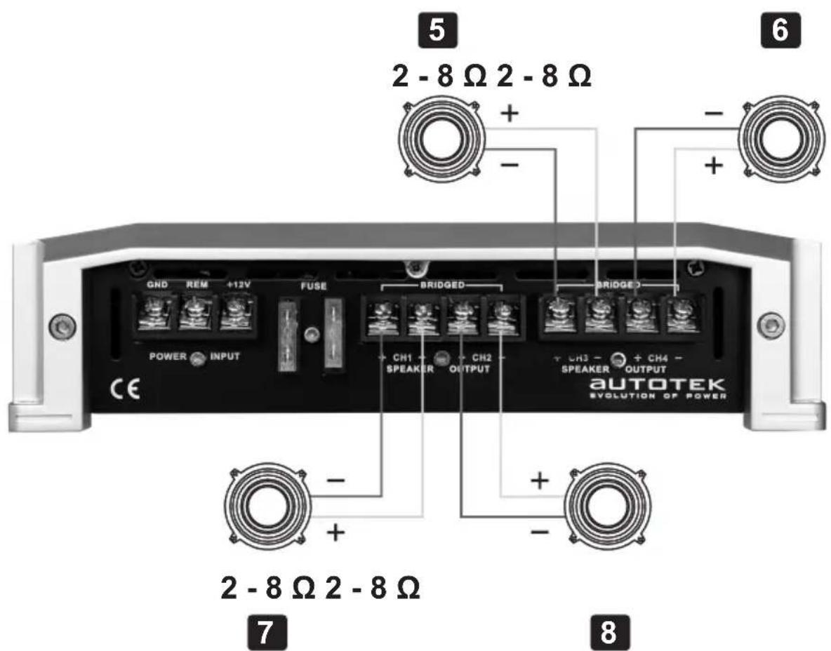 5 2 - 8 Ω 2 - 8 Ω + - + 6 GND REM +12V FUSE BRIDGED BRIDED POWER INPUT CH1 CH2 SPEAKER OUTPUT + CH3 - + CH4 - SPEAKER OUTPUT AUTOTEK EVOLUTION OF POWER CE + - + 7 8