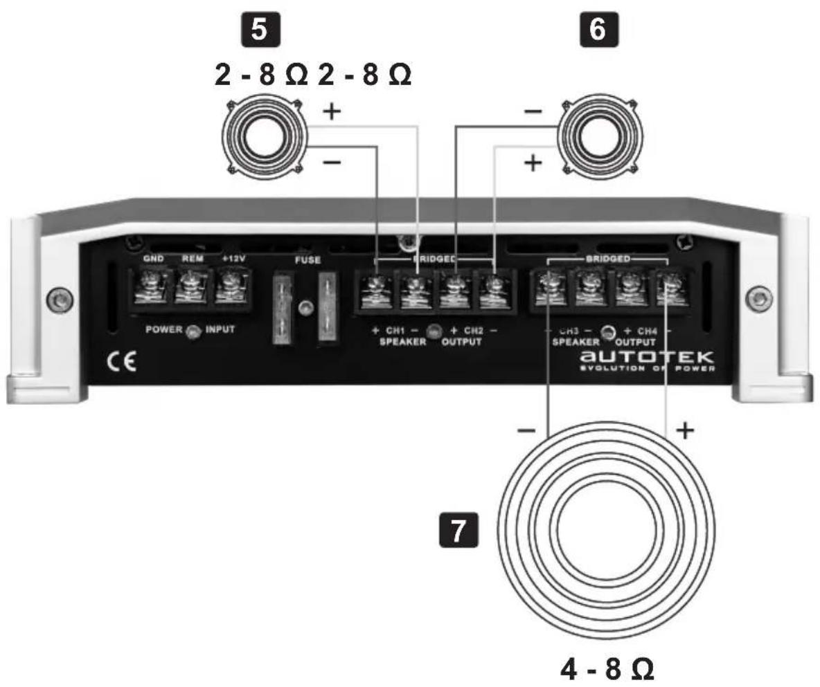 5 2 - 8 Ω 2 - 8 Ω + - + 6 CND REM +12V FUSE BRIDGED POWER INPUT + CH1 - SPEAKER OUTPUT BRIDGED CH3 - SPEAKER OUTPUT AUTOTEK EVOLUTION OF POWER 7 4 - 8 Ω
