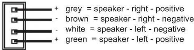 + grey = speaker - right - positive - brown = speaker - right - negative - white = speaker - left - negative + green = speaker - left - positive