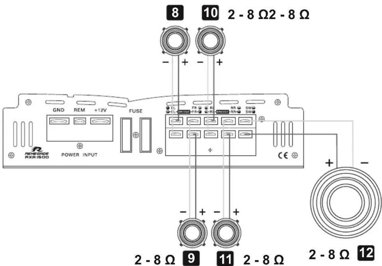8 10 2 - 8 Ω2 - 8 Ω - + - + GND REM +12V FUSE IL FR RI RR SW + - LEBRIDGE-FR-RI-BRIDGE-RR-SW RENEGRADE POWER INPUT 2 - 8 Ω 9 11 2 - 8 Ω 2 - 8 Ω 12 CE + -