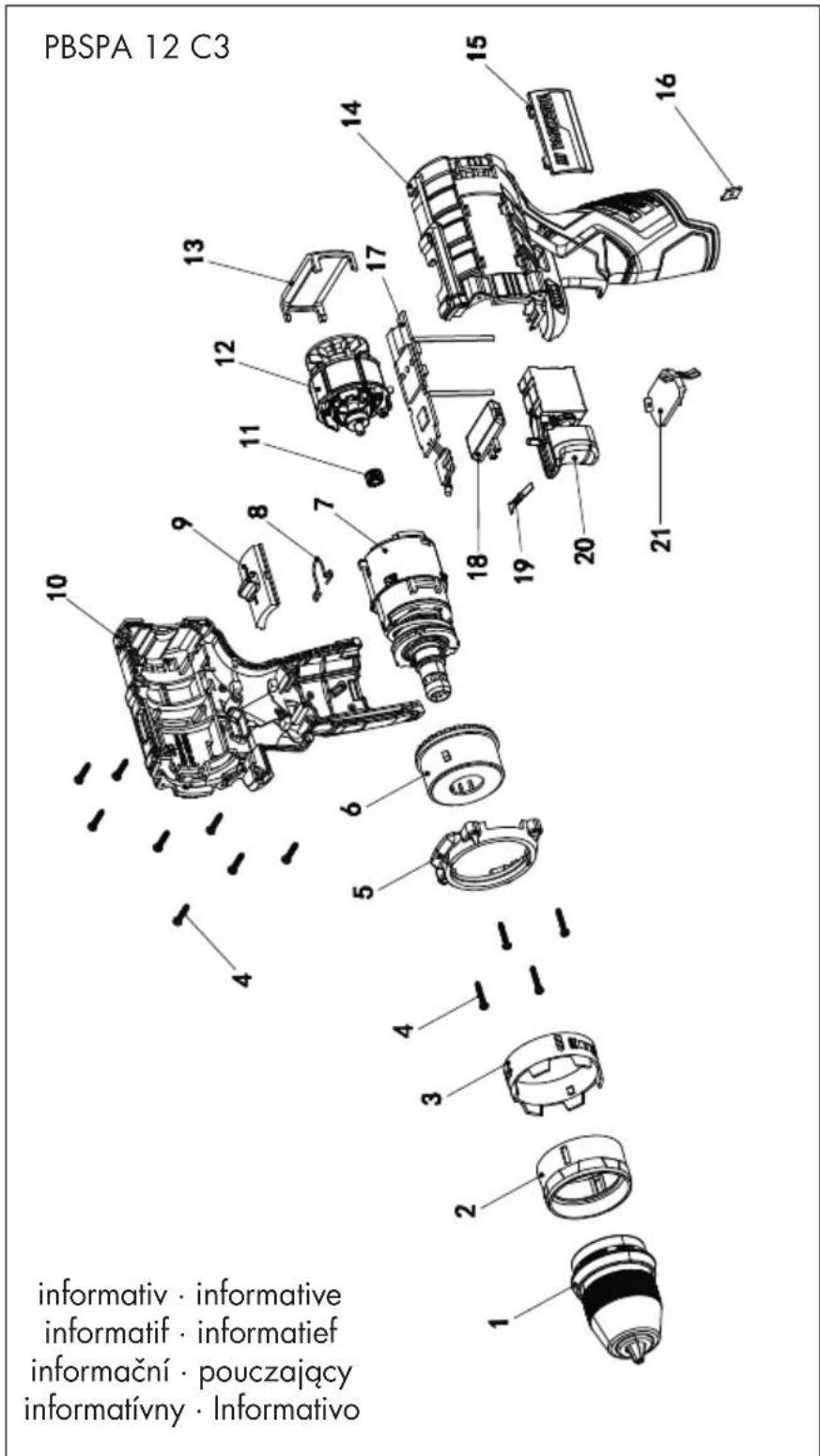 PARKSIDE PBSPA 12 C3 - Explosionszeichnung • Exploded Drawing Vue éclatée • Explosietekening Vykres sestaveni • Rysunek samorozwijajcy Nákresy explózii • Plano de explosión Eksplosionstegning - 1