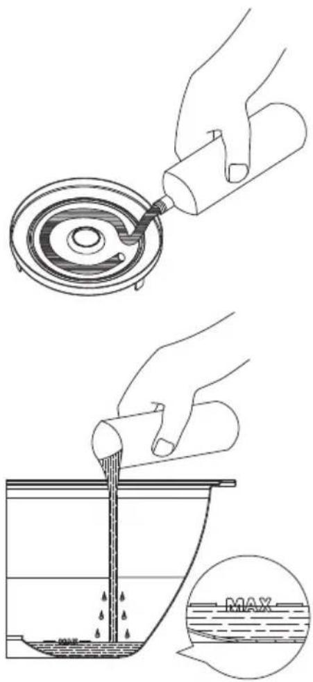 Diagram illustrating a chemical process with labeled steps: adding liquid into a container, pouring liquid into a bucket, and adding water to a container.