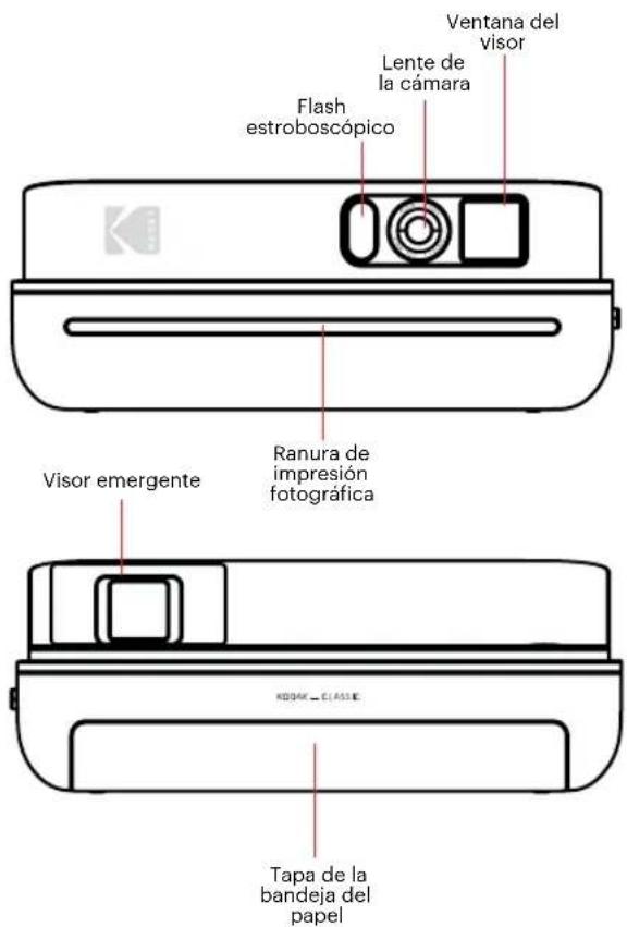 Flash estroboscópico Lente de la cámara Ventana del visor Ranura de impresión fotográfica Visor emergente Tapa de la bandeja del papel