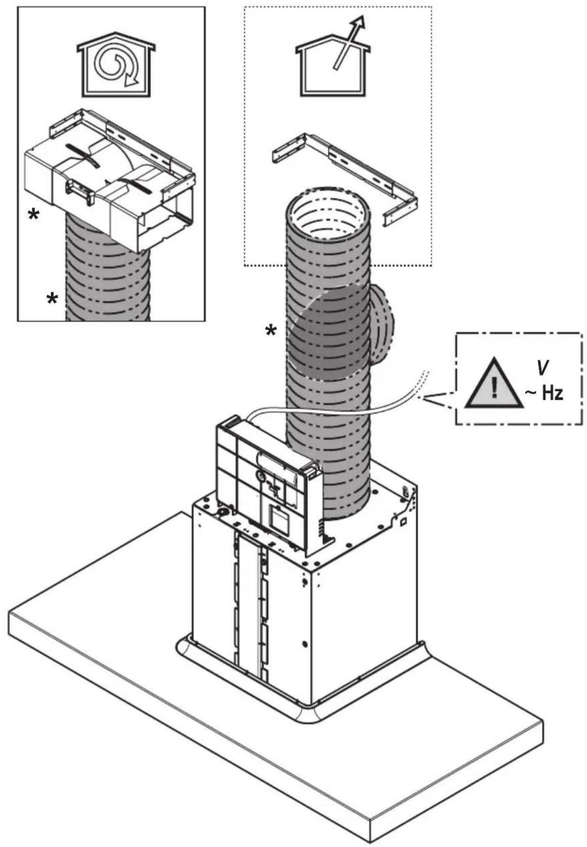 Technical diagram illustrating a mechanical device with labeled components and frequency warning symbol