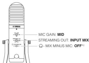 MIC GAIN: MID STREAMING OUT: INPUT MIX Ω - MIX MINUS MIC: OFF*2