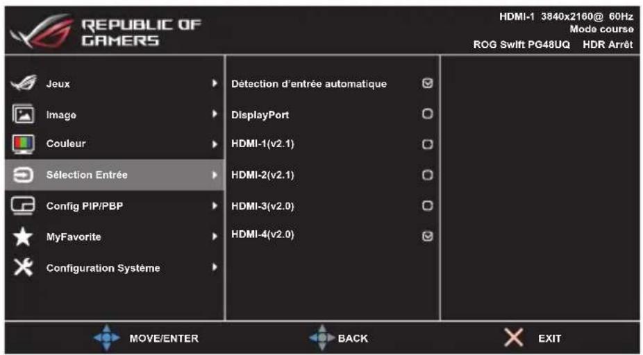 REPUBLIC OF GAMERS Jeux Image Couleur Sélection Entrée Config PIP/PBP MyFavorite Configuration Système Dêtection d'entrée automatique DisplayPort HDMI-1(v2.1) HDMI-2(v2.1) HDMI-3(v2.0) HDMI-4(v2.0) MOVE/ENTER BACK EXIT HDMI-1 3840x2160@ 60Hz Mode course ROG Swift PG48UQ HDR Arrêt