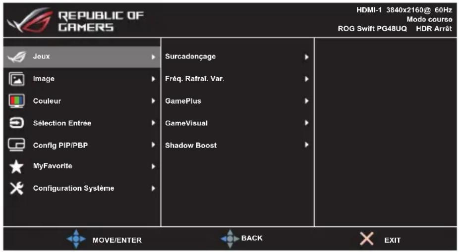 REPUBLIC OF GAMERS HDMI-1 3840x2160@ 60Hz Mode course ROG Swift PG48UQ HDR Arrêt Jeux Surcadençage Image Fréq. Rafraf. Var. Couleur GamePlus Sélection Entrée GameVisual Config PIP/PBP Shadow Boost MyFavorite Configuration Système MOVE/ENTER BACK EXIT