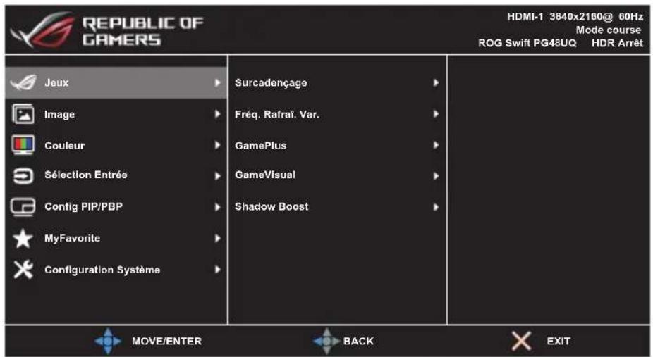 REPUBLIC OF GAMERS HDMI-1 3840x2160@ 60Hz Mode course ROG Swift PG48UQ HDR Arrêt Jeux Surcadençage Image Fréq. Rafrai. Var. Couleur GamePlus Sélection Entrée GameVisual Config PIP/PBP Shadow Boost MyFavorite Configuration Système MOVE/ENTER BACK EXIT