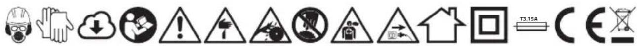 Collection of hazard symbols and labels including helmet, hand gesture, cloud, warning triangle, and battery with T3.15A indicator