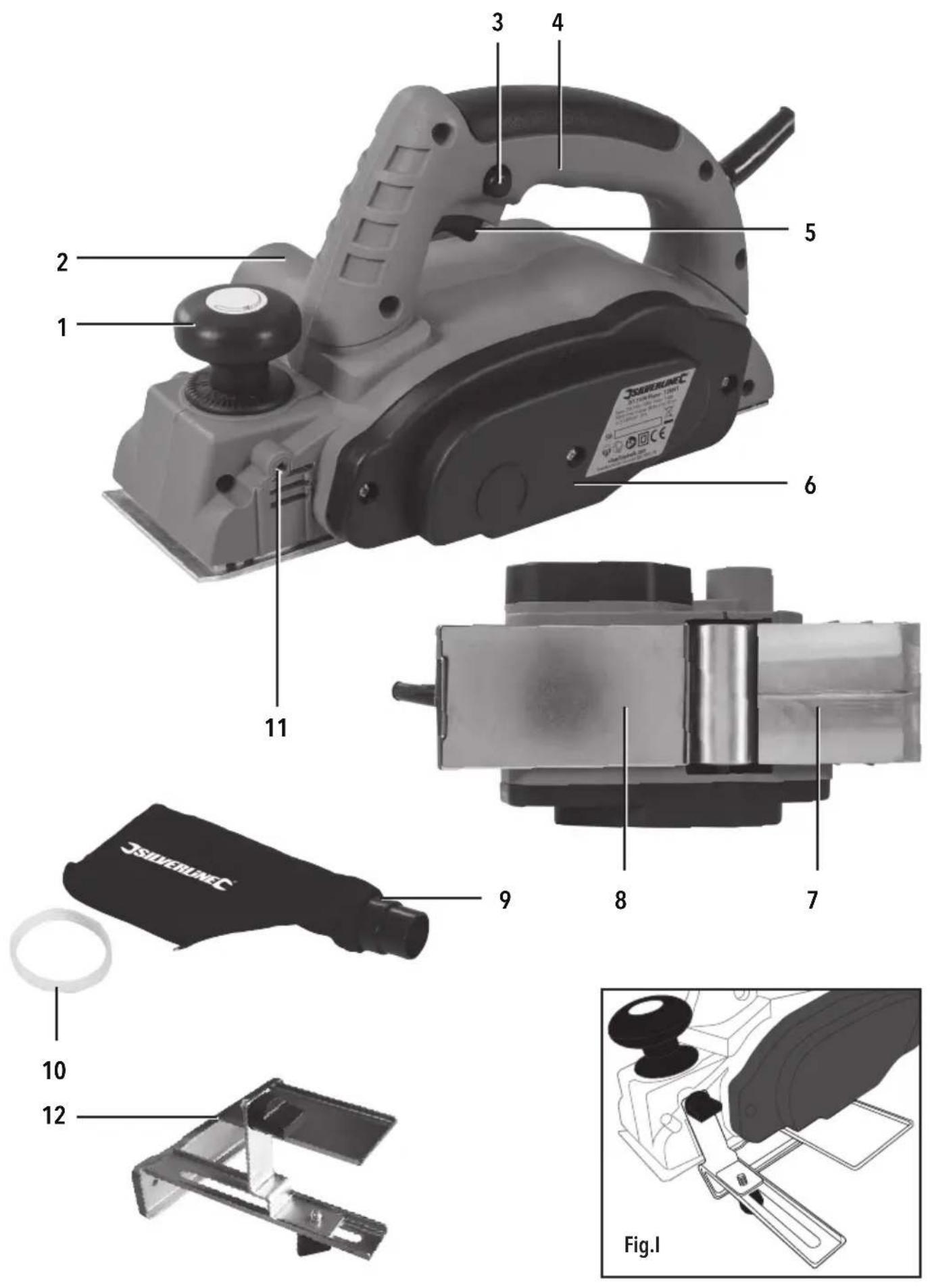 Labeled diagram of a power tool with numbered parts and a close-up inset showing the component.