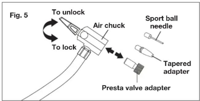 Fig. 5 To unlock Air chuck Sport ball needle To lock Tapered adapter Presta valve adapter