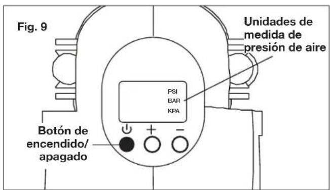 Fig. 9 Unidades de medida de presión de aire PSI BAR KPA Botón de encendido/apagado