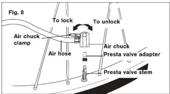 Fig. 8 To lock To unlock Air chuck clamp Air hose Air chuck Presta valve adapter Presta valve stem