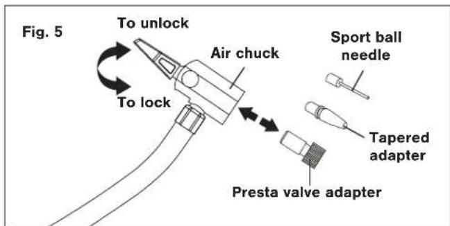 Fig. 5 To unlock Air chuck Sport ball needle To lock Tapered adapter Presta valve adapter