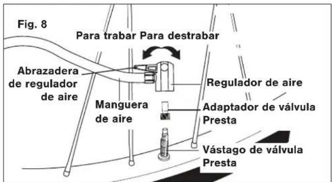 Fig. 8 Para trabar Para destrabar Abrazadera de regulador de aire Manguera de aire Regulador de aire Adaptador de válvula Presta Vástago de válvula Presta