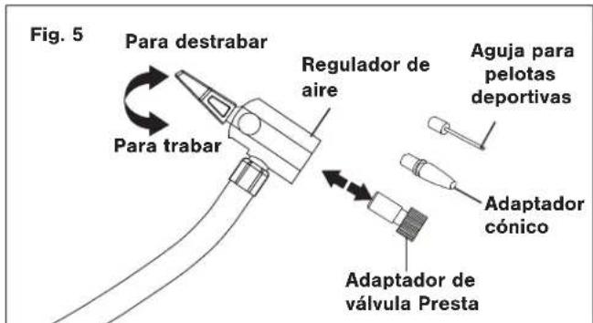 Fig. 5 Para destrabar Para trabar Regulador de aire Aguja para pelotas deportivas Adaptador cónico Adaptador de válvula Presta