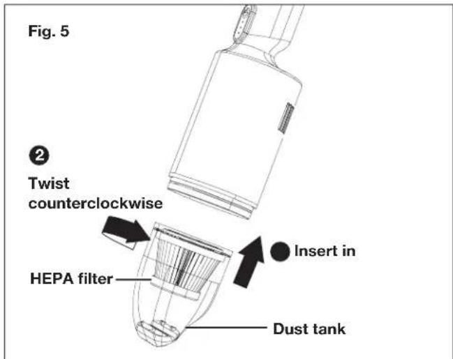 Fig. 5 ② Twist counterclockwise HEPA filter Insert in Dust tank