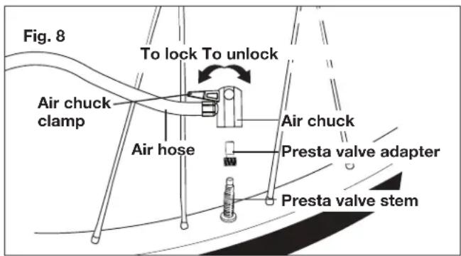 Fig. 8 To lock To unlock Air chuck clamp Air hose Air chuck Presta valve adapter Presta valve stem
