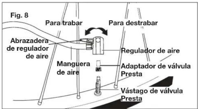 Fig. 8 Para trabar Para destrabar Abrazadera de regulador de aire Manguera de aire Regulador de aire Adaptador de válvula Presta Vástago de válvula Presta