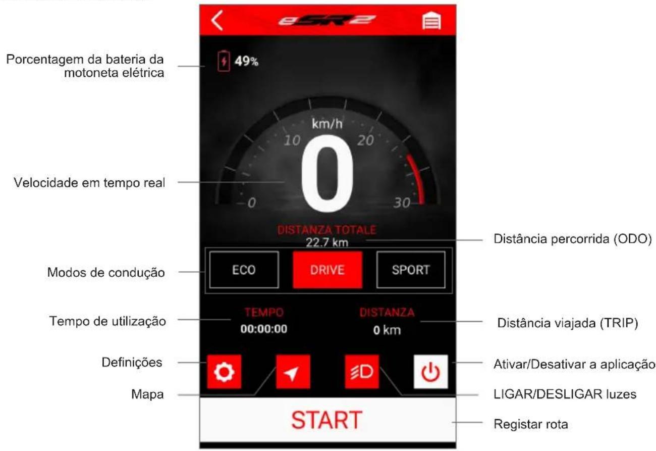 Porcentagem da bateria da motoneta elétrica 49% Velocidade em tempo real 0 km/h DISTANZA TOTALE 22.7 km Modos de condução ECO DRIVE SPORT Tempo de utilização TEMPO 00:00:00 DISTANZA 0 km Definições Mapa START Distância percorrida (ODO) Distância viajada (TRIP) Ativar/Desativar a aplicação LIGAR/DESLIGAR luzes Registar rota