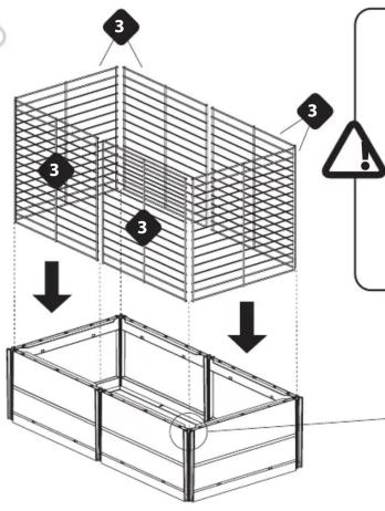 Technical diagram showing a wireframe grid structure with numbered components and warning symbols for installation or inspection.