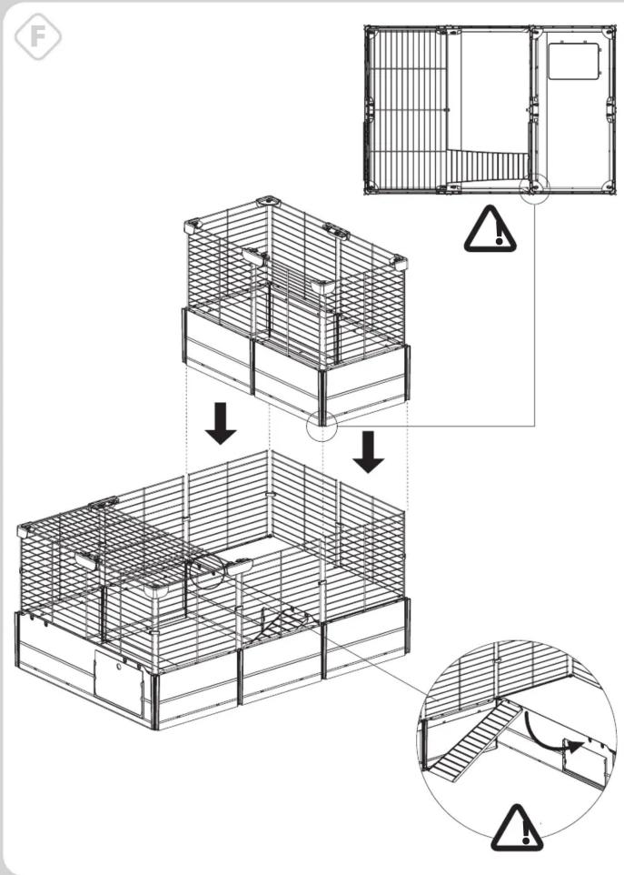 Technical diagram illustrating the step-by-step installation of a modular cage structure with warning labels and safety symbols.