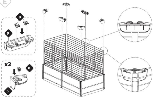 Technical diagram showing assembly steps of a device with labeled components and cross-sectional views
