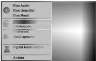 Disc Audio Disc Untertitel Disc Menü Ländercode Mildformet Menü sprache Digital Audio Output Andere