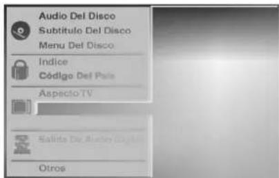 Audio Del Disco Subtítulo Del Disco Menu Del Disco Indice Código Del Pais Aspecto TV Salida Del Ajuste (Digital) Otros