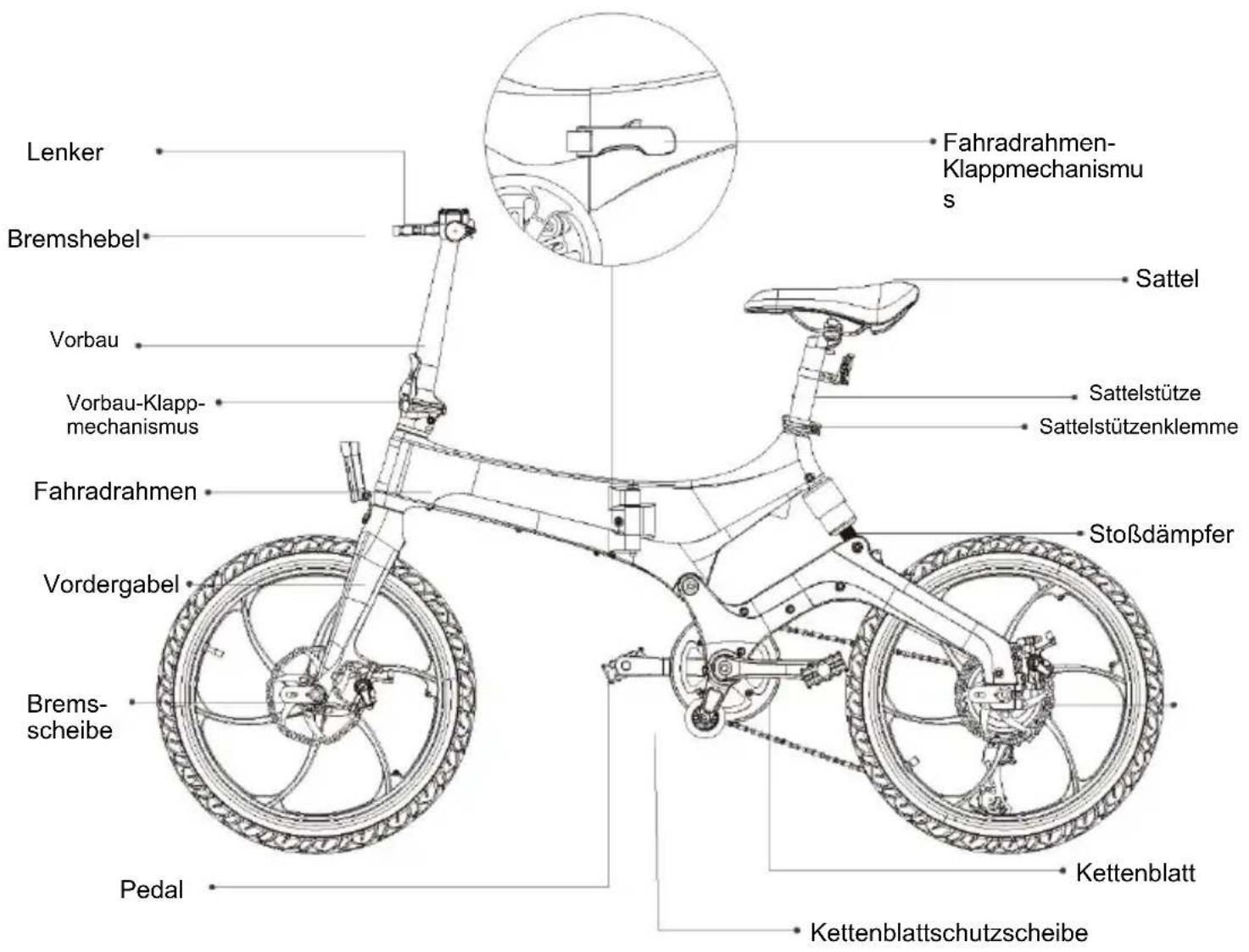 Lenker Bremshebel Vorbau Vorbau-Klapp-mechanismus Fahradrahmen Vordergabel Brems-scheibe Pedal Sattel Sattelstütze Sattelstützenklemme Stoßdämpfer Kettenblatt Kettenblattschutzscheibe Fahradrahmen-Klappmechanismus Sattel