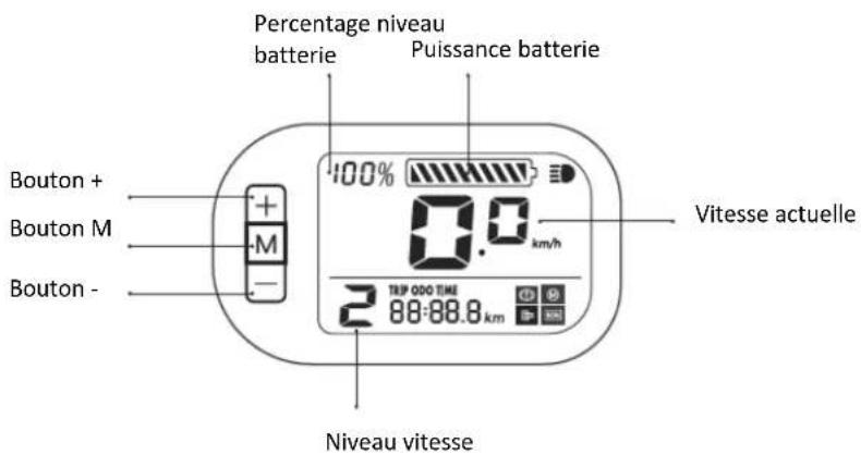 Percentage niveau batterie Puissance batterie Bouton + Bouton M Bouton - 100% 0.0 km/h 2 TRIP 000 TIME 88-88.8 km Vitesse actuelle Niveau vitesse