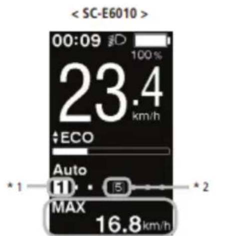 < SC-E6010 > 00:09 100% 23.4 km/h ECO Auto 11 · 5 MAX 16.8 km/h * 1 * 2