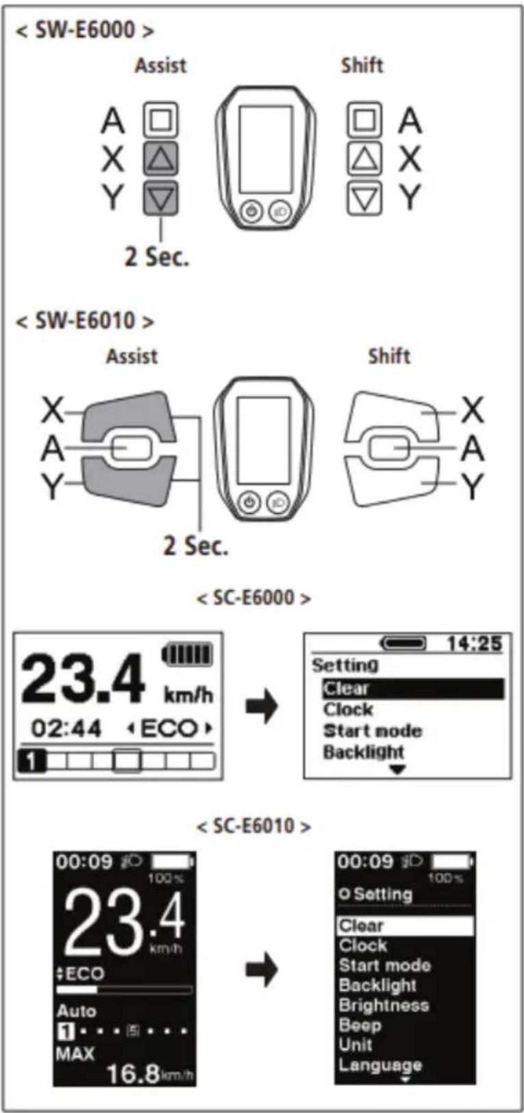 Assist Shift A X Y 2 Sec. Assist Shift X A Y 2 Sec. 23.4 km/h 02:44 1 Setting Clear Clock Start node Backlight 00:09 100% 23.4 km/h +ECO Auto 1 ... 5 ... MAX 16.8km/h 00:09 100% o Setting Clear Clock Start mode Backlight Brightness Beep Unit Language