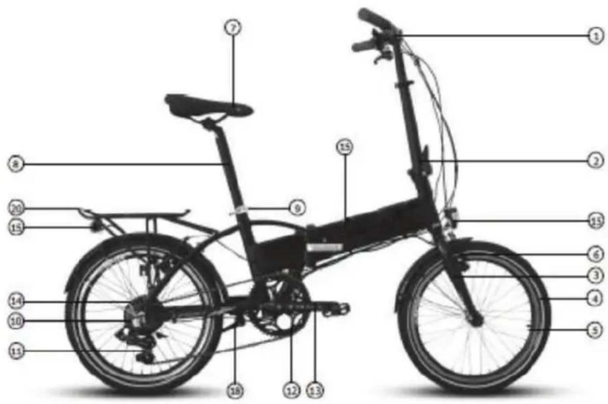 Diagram of a folding bicycle with numbered labels pointing to key components