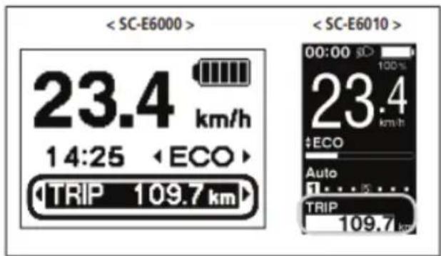 < SC-E6000 > 23.4 km/h 14:25 < ECO > TRIP 109.7 km> < SC-E6010 > 00:00 100% 23.4 km/h + ECO Auto 1..... TRIP 109.7 km
