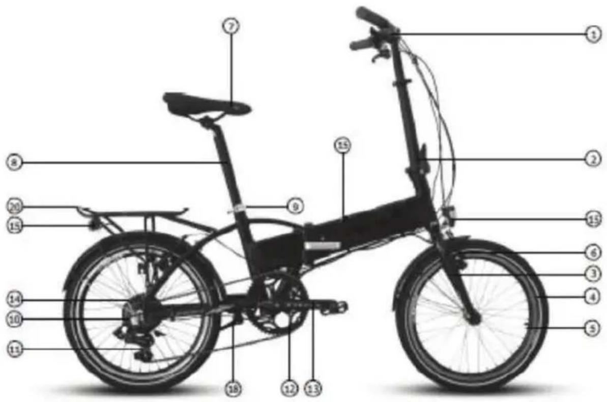 Diagram of a folding bicycle with numbered labels pointing to key components