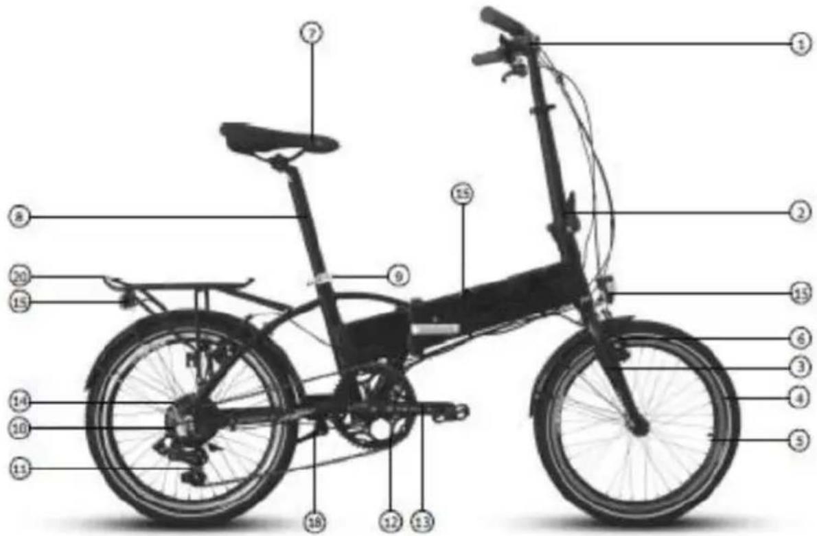 Labeled diagram of a folding bicycle with numbered parts for identification